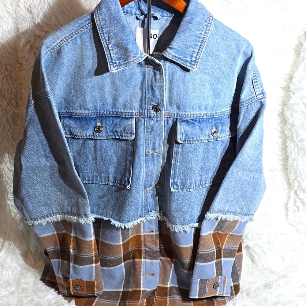 Blue and Brown Plaid Denim Jacket